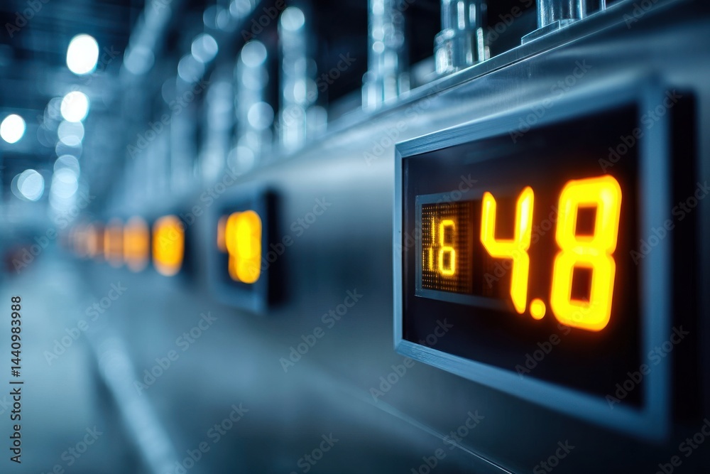 Poster digital display showing the number 16.48 in bright orange color on a factory machine, presenting pre