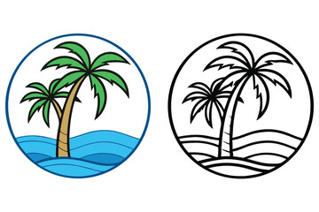 Palm trees on sea waves in colorful and black line art within a circular
