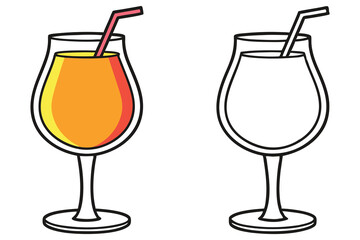 Juice Outline Art Drink with Straw, Tall Cocktail Glass in Orange Hue