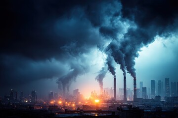 Obraz premium Industrial smog shrouds a cityscape, with smoke billowing from factory chimneys, creating a dramatic scene of urban pollution under a gloomy sky, highlighting environmental concerns.