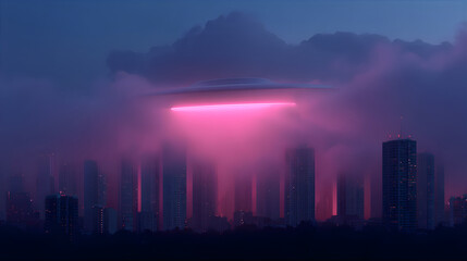 Fototapeta premium Unidentified flying object under the city. World UFO day illustration. 