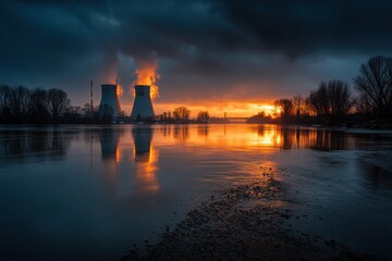 Fototapeta premium An industrial landscape featuring a power plant at sunset, reflecting on a river with dark clouds overhead, creating a dramatic and compelling scene.