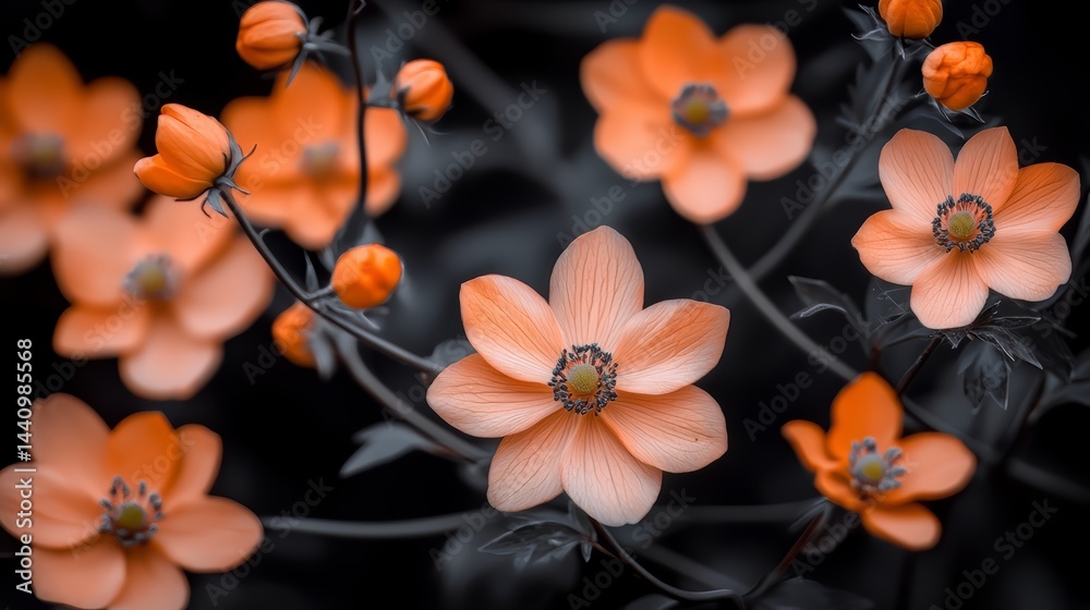 Poster Close up of a bunch of orange flowers. The flowers are arranged in a way that they are all facing the same direction. The image has a warm and inviting mood