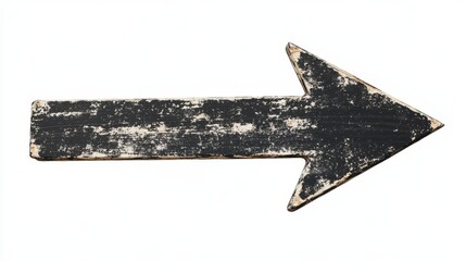 A bold, distressed black arrow pointing to the right, isolated on a white background, perfect for minimalistic or directional signage designs with a vintage, textured aesthetic