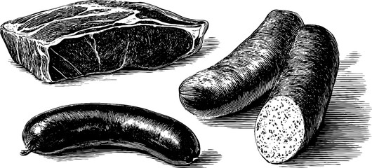Engraved illustration of meat kebab, rib, and sausage for culinary art and design
