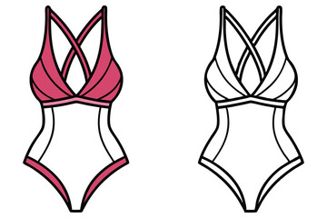 OnePiece Swimsuit Clipart with Pink and Black Outline Isolated on White Background