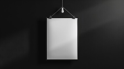 A blank white poster hangs from a light on a black wall, creating a minimalist and modern design.