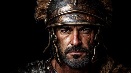 Close-up portrait of a man in historical military armor.