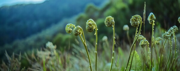 Close-up of delicate fern fronds unfurling in a mountain meadow.