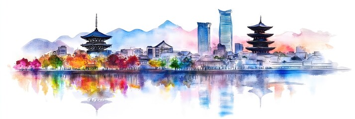 Fototapeta premium watercolor kyoto downtown skyline 