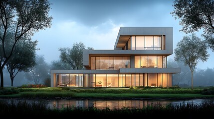 Modern house with glass facade by a river