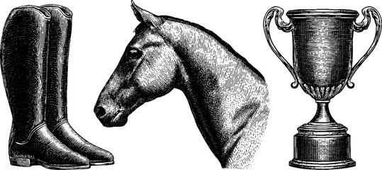 Equestrian engravings: racehorse, riding boots, and trophy set for horse riding enthusiasts
