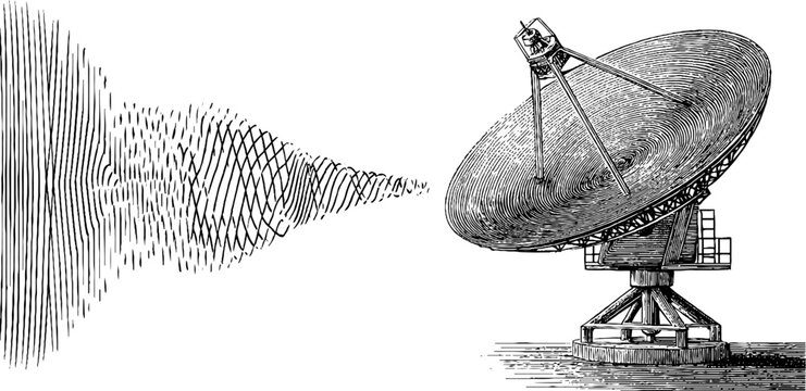 Vintage engraved illustration of radio telescope with signal waves for science and astronomy themes