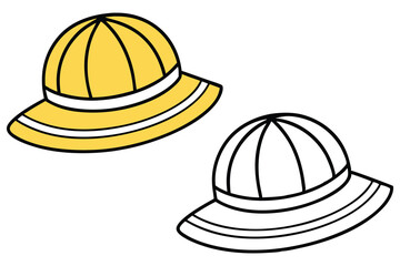 Kids Garden Hat, Yellow Color and Coloring Outline Style on White Background