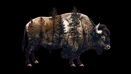 Bison and forest double exposure element animation isolated asset, transparent 4K video, alpha channel, ProRes 4444 - Powered by Adobe