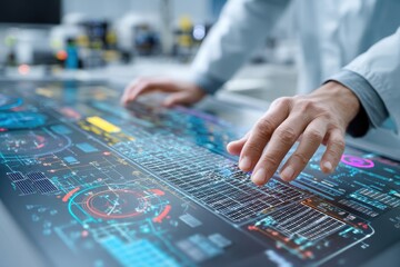 Scientist working with a futuristic touch screen technology displaying complex data, enhancing research capabilities and analysis, innovation, scientific advancement.
