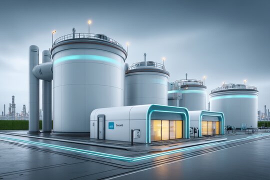 A futuristic small modular reactor (SMR) installation site, clean minimalistic design, studio lighting emphasizing reactor housing, blurred green landscape for background