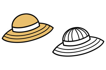Two Straw Hats with Broad Brim, White Stripe and Transparent Background