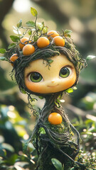 Cute surreal anthropomorphic cartoon figure formed by twigs and orange in the forest. Fantasy concept