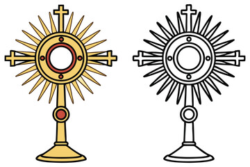 Fototapeta premium Ornate Gold Monstrance with Radiating Spokes and Cross Topper, Isolated Illustrations