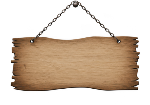 Hanging wooden sign blank wood chain template background on transparent background