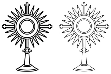 Fototapeta premium Monstrance Outline, Sunburst with Cross, Eucharistic Adoration Icon, Black and White