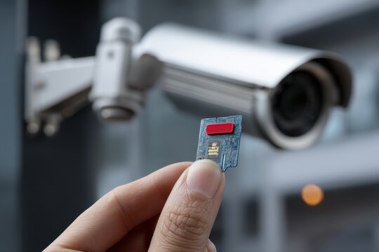 Close-up of a person holding a micro SD card in front of a security camera, emphasizing the storage and surveillance technology used for data capture and recording.