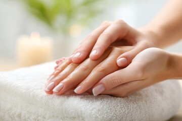 Naklejka premium Close-up of woman's hands receiving a moisturizing treatment, resting on a soft white towel, with a serene spa-like ambiance featuring a blurred candle and plant background.