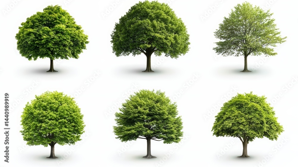 Poster Collection of six trees, all of which are green and leafy. The trees are all different sizes and shapes, but they all have the same color and leafy appearance