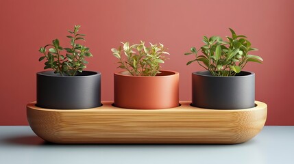 Fototapeta premium Three potted plants in modern bamboo planter on red background home decor herb life green style flora