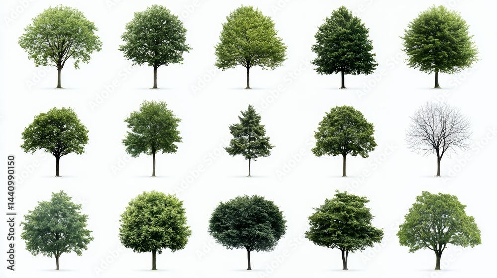 Poster Collection of tree silhouettes, some of which are bare and some are green. The trees are arranged in a row, with some overlapping each other