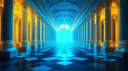 Mystic blue hallway in a grand palace with glowing arches and reflective floor during twilight