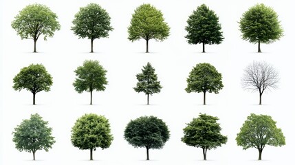 Collection of tree silhouettes, some of which are bare and some are green. The trees are arranged in a row, with some overlapping each other