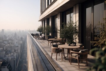 Fototapeta premium A luxurious rooftop terrace with stunning city views, featuring stylish outdoor furniture, beautiful plants, providing a serene and elegant escape from the urban hustle.