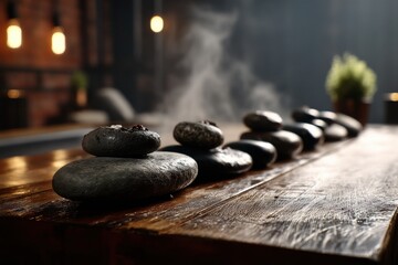 A close up of hot stones being used in a spa on a wooden table for a relaxing massage session with soft lighting in the background, creating a peaceful ambience.