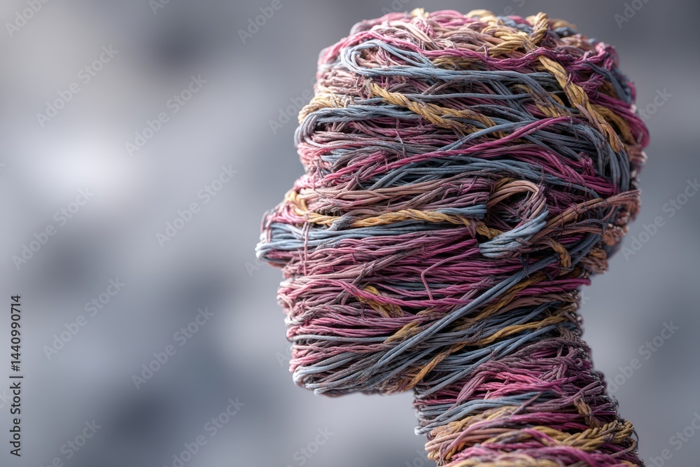 Poster abstract human head sculpture crafted with intertwining colorful wires, creating a unique and visual