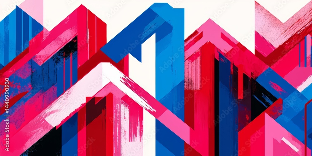 Poster colorful abstract painting of buildings with a blue and red stripe. the painting is full of differen