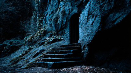Eerie stone steps lead to a dark, arched doorway in a blue-tinged rock face