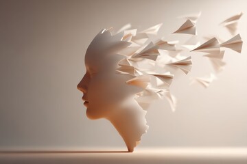 A conceptual image of a human head transforming into paper airplanes, depicting the concept of ideas, flight of thought, creativity, and imagination taking off into a bright future.