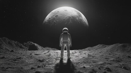 Obraz premium A lone figure in a simple spacesuit standing on a barren moon with earth in the distance, scifi, monochrome, illustration. Lonesome Infinity. Illustration