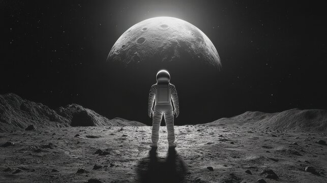 A lone figure in a simple spacesuit standing on a barren moon with earth in the distance, scifi, monochrome, illustration. Lonesome Infinity. Illustration