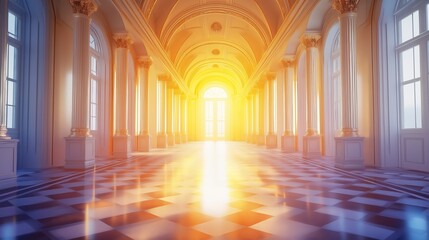 Majestic golden hallway illuminated by bright sunlight at the palace during late afternoon