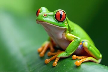 Green tree frog perched on white, vibrant skin, bright, nature photography