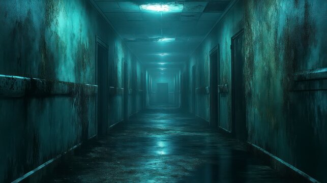 Eerie Corridor with Blue Lighting Haunting Atmosphere for Horror Mystery and Suspense Themes