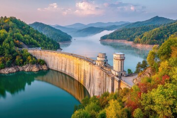 An aerial shot of a dam spanning a river with lush green mountains in the background, creating a scenic landscape, perfect for travel and nature enthusiasts to explore.