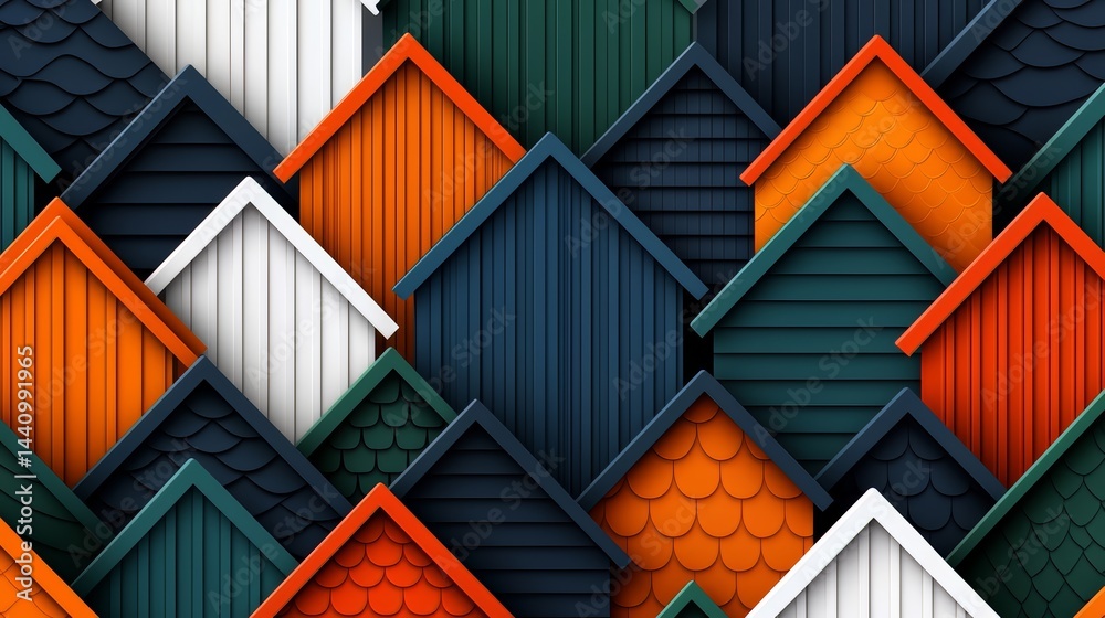 Poster Colorful array of houses with different colored roofs. The houses are arranged in a way that creates a sense of depth and dimension. The colors of the roofs create a vibrant