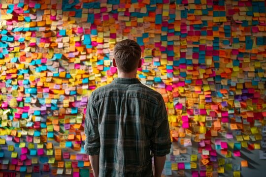 Man facing a colorful wall covered with notes, contemplating problem solving, project planning, and brainstorming for innovative ideas.