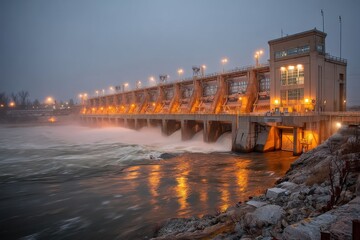 Naklejka premium The hydroelectric dam at dusk, featuring powerful flowing water and illuminated infrastructure, creating a compelling image of energy and engineering at night.