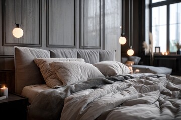 A cozy and inviting bedroom interior with soft lighting and a comfortable bed, featuring stylish pendant lights, creating a relaxing and tranquil atmosphere for sleep.