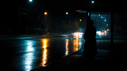 Elderly woman waiting alone at a rainy bus stop, wrapped in silence and solitude.